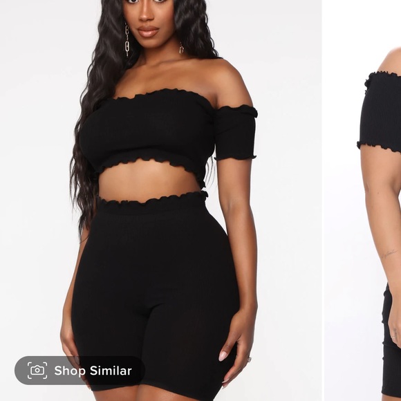 Biker short set with crop top off shoulder - Picture 2 of 3